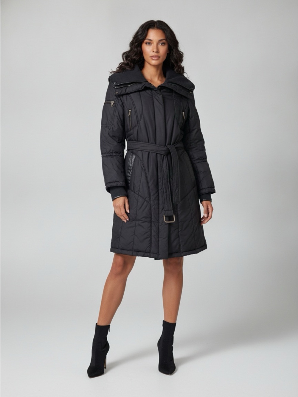 Andrew Marc Black Belted Insulated Trench Coat Leather Trim M